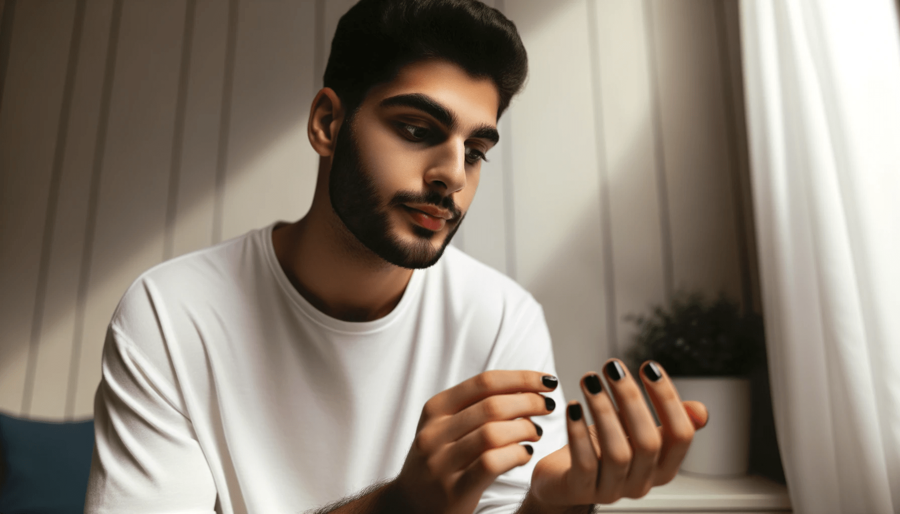 Photo of a young Middle Eastern man in a well lit room gazing at his black painted nails. Hes wearing a white t shirt and the background has a simpl
