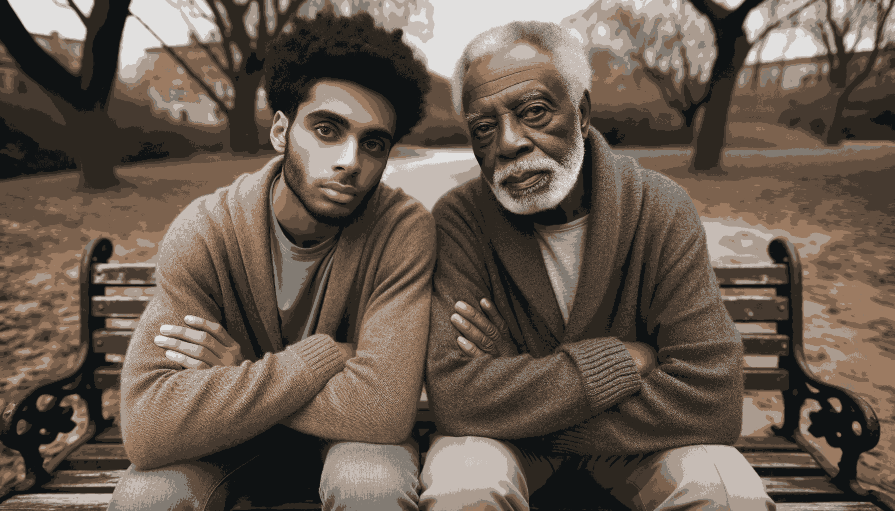 Photo of an elderly father and his middle aged son of African descent sitting side by side on a wooden bench in a tranquil park. Both have contemplati