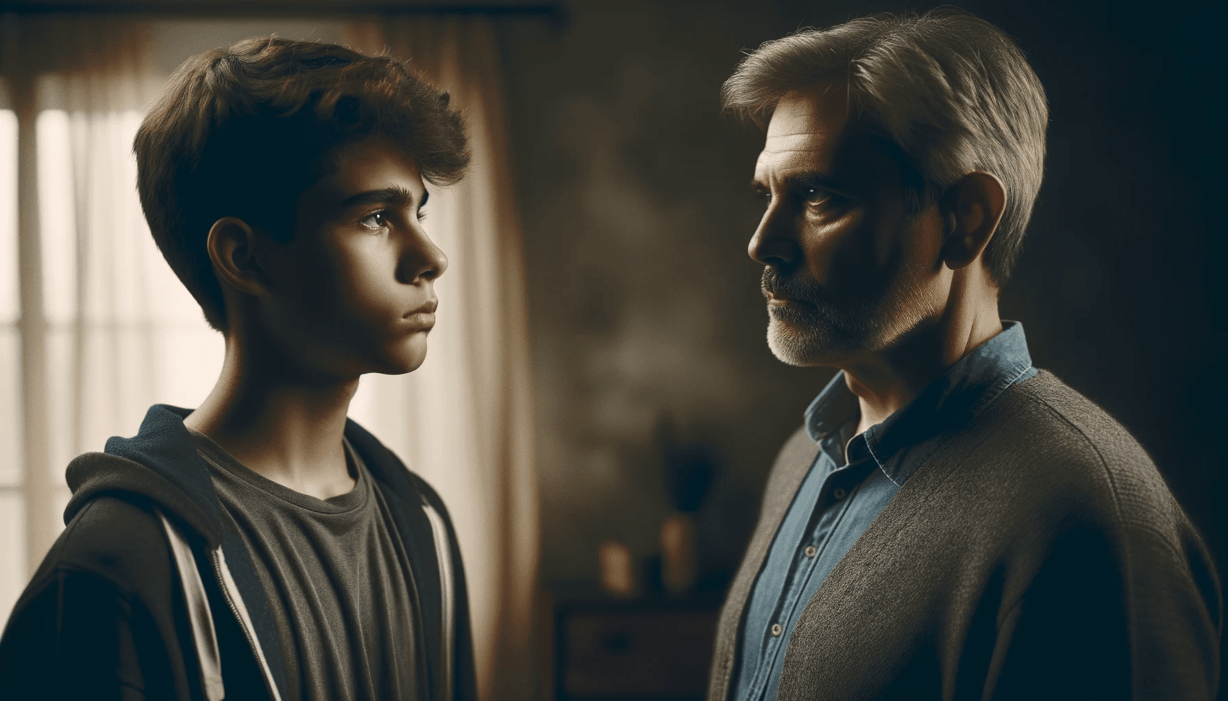 Son and father of Hispanic descent standing in a dimly lit room. The son a young teenager and the father middle aged with graying hair