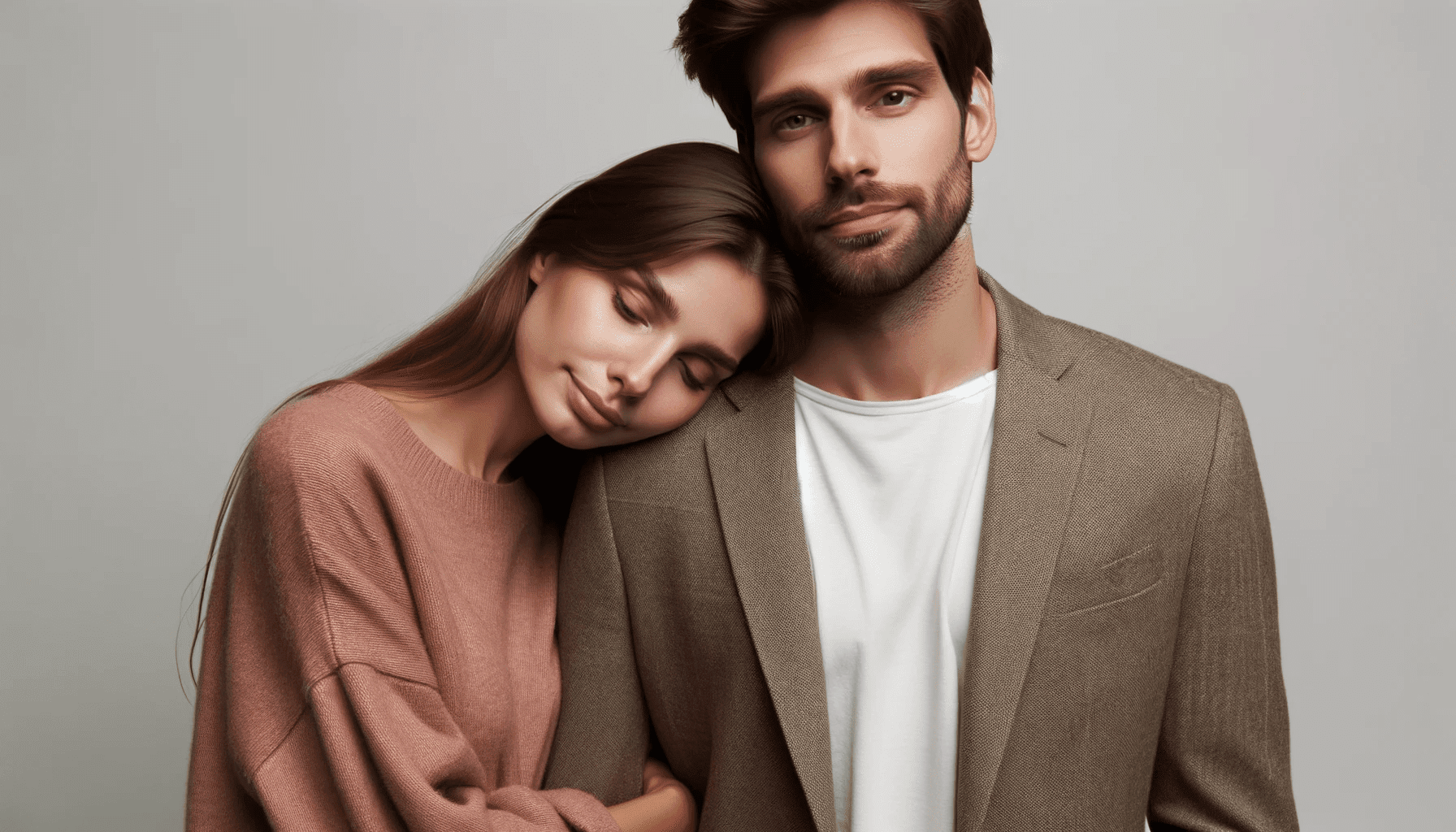 Standing together the woman resting her head on the mans shoulder. Both display expressions of relief and contentment symbolizing