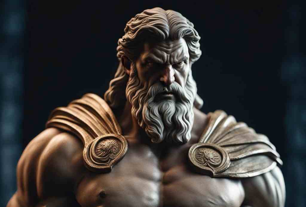 Waist Up Stoic Greek Statue Strong Man With Big Muscles Warrior Angry 8K Dark Background Odin