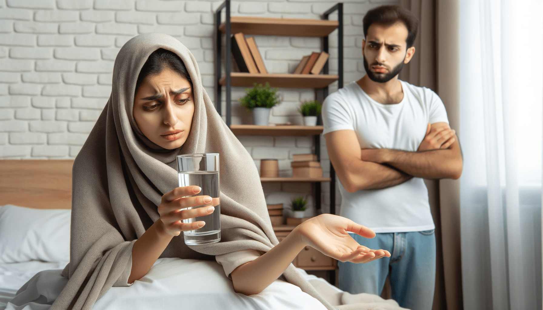 Woman looking unwell lying in bed and attempting to grasp a glass of water just out of her reach. In the same ro