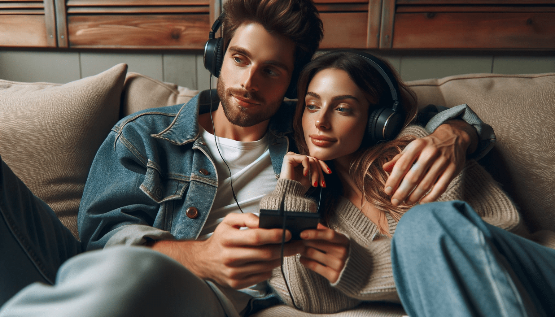 a cozy living room. A couple of European descent lounges on the couch with headphones on sharing a music player. Their expressions show they