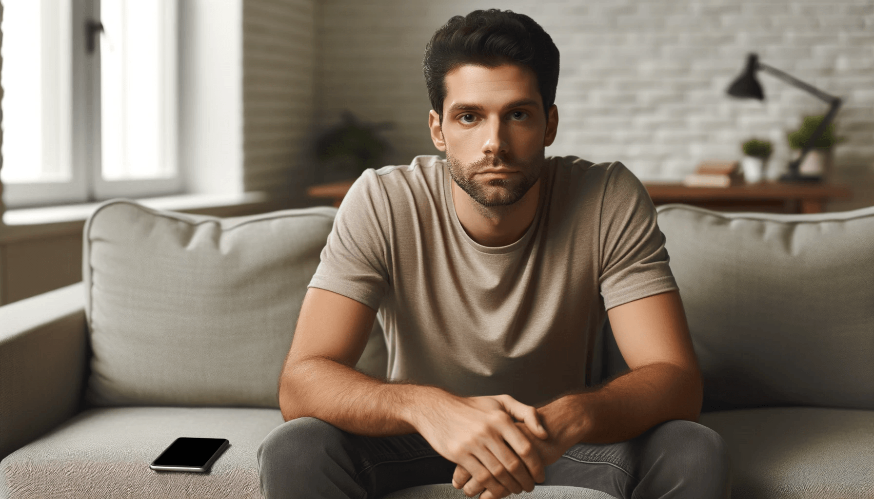 a man sitting comfortably on a couch his phone placed on the couch next to him. He has a detached or indifferent expression indi