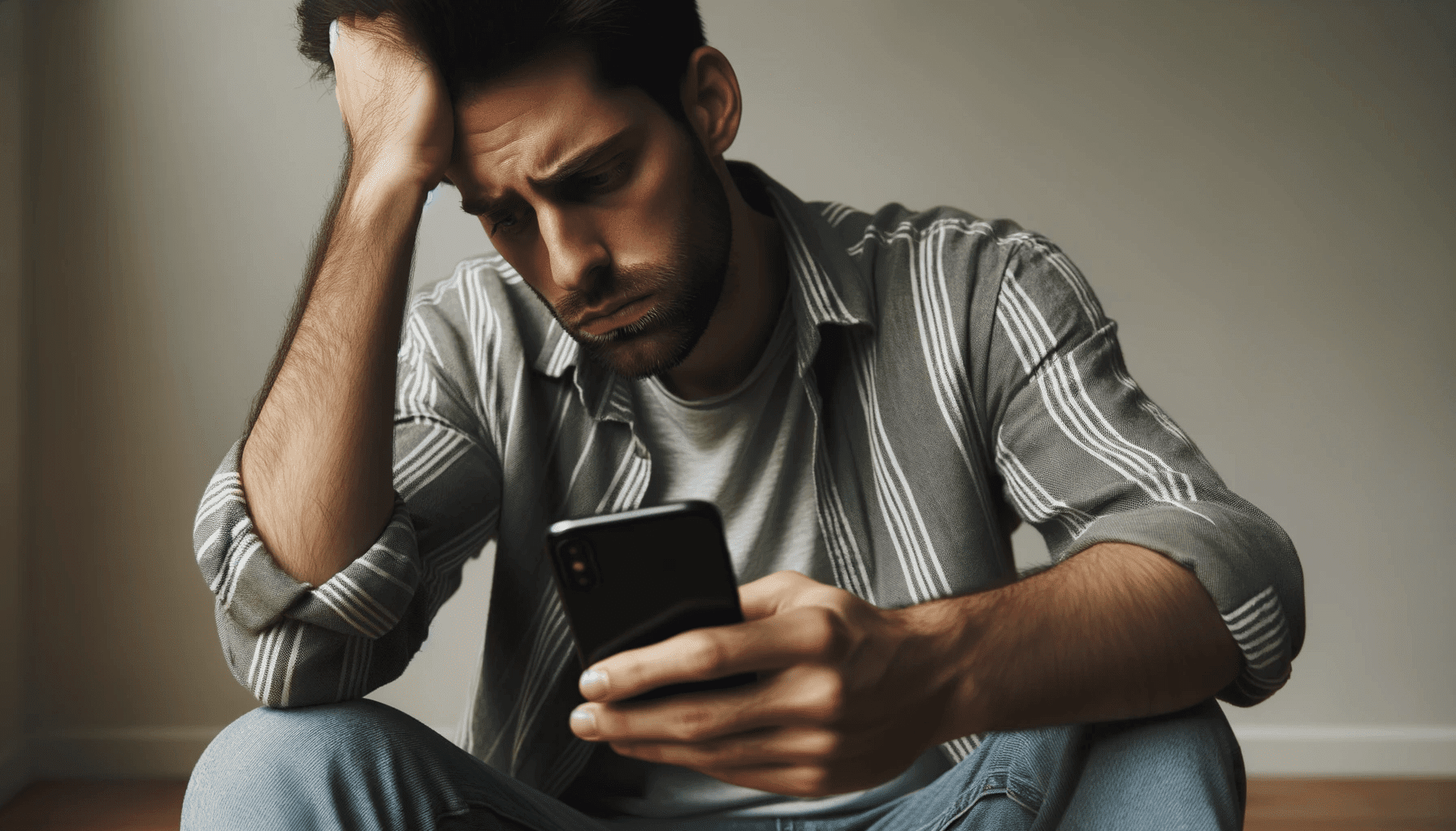a man sitting with a phone in one hand while his other hand rests on his forehead. His expression is one of stress concern or d