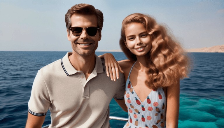 a man wearing sunglasses and a polo shirt poses next to a woman in a swimsuit with wavy blonde hair. While they both s