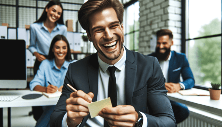 a man with European descent in a modern office setting chuckling while writing a funny note on a post it with colleagues around him smiling