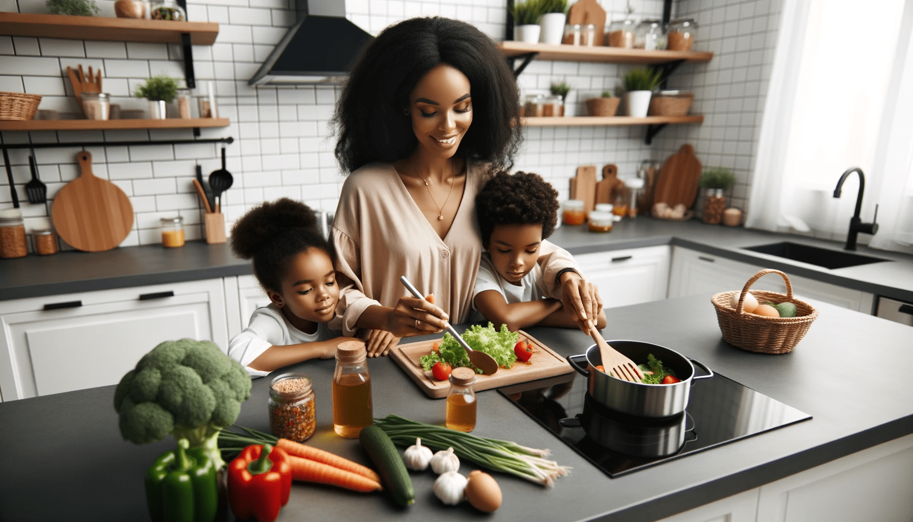 a mother with African descent in a modern kitchen lovingly preparing a meal for her children with fresh vegetables and ingredients spread o