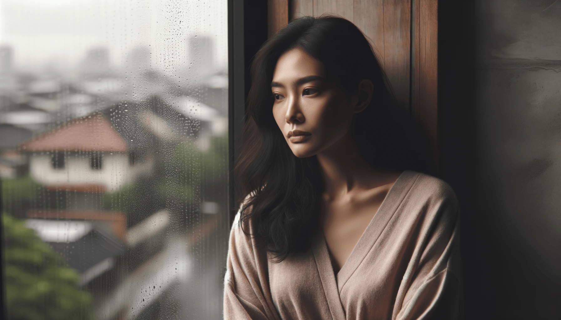 a woman of Asian descent standing by a window gazing outside with a melancholic expression. Raindrops on the window pane further emphasize t