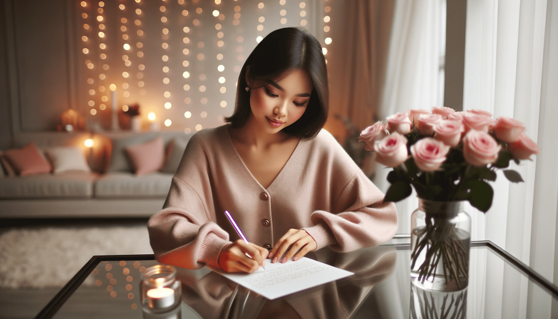 a young woman with Asian descent sitting at a modern glass desk in a well lit room writing a love letter. Soft pink roses are placed in a v