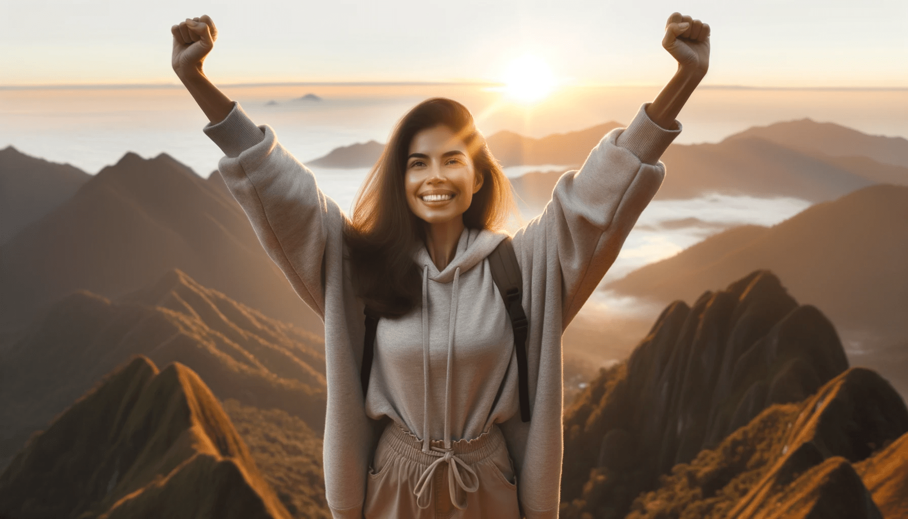 a young woman with Hispanic descent standing on a mountain peak her arms raised triumphantly with the sunrise illuminating her face symbol