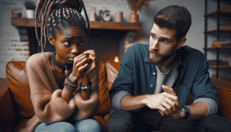 conversation between two individuals. One person an African female with braided hair appears distinctly fidgety and n