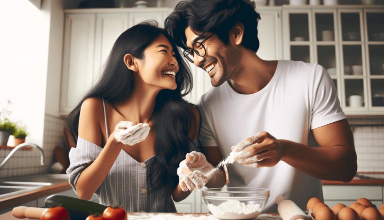 couple a South Asian female with long black hair and an East Asian male with glasses cooking together in a bri