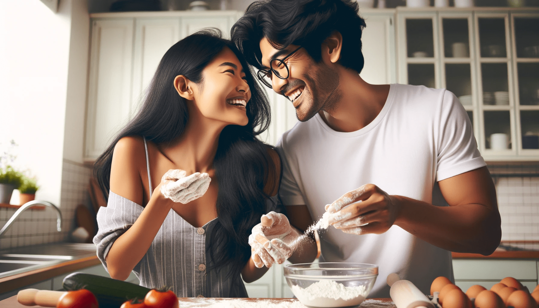 couple a South Asian female with long black hair and an East Asian male with glasses cooking together in a bri