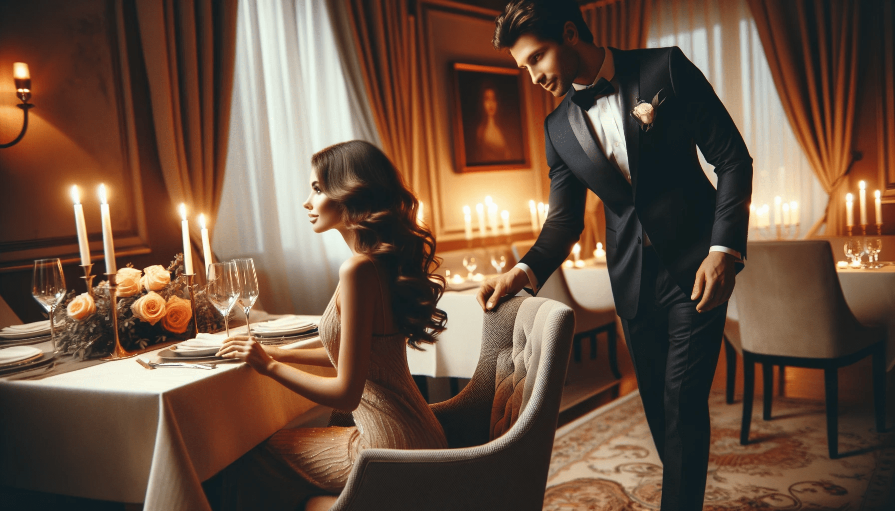 gentleman in a sharp suit pulling out a chair for a beautiful lady at an elegant restaurant with soft candlelight setting a romantic ambi