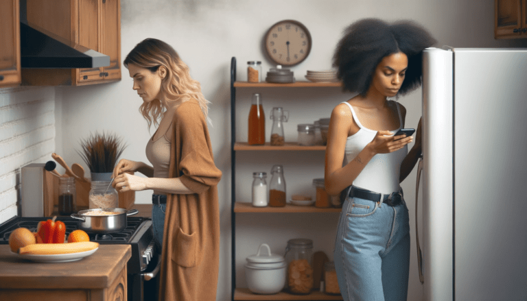 kitchen scene where two roommates are present but display a lack of connection. A Caucasian woman stands by the stove engrossed