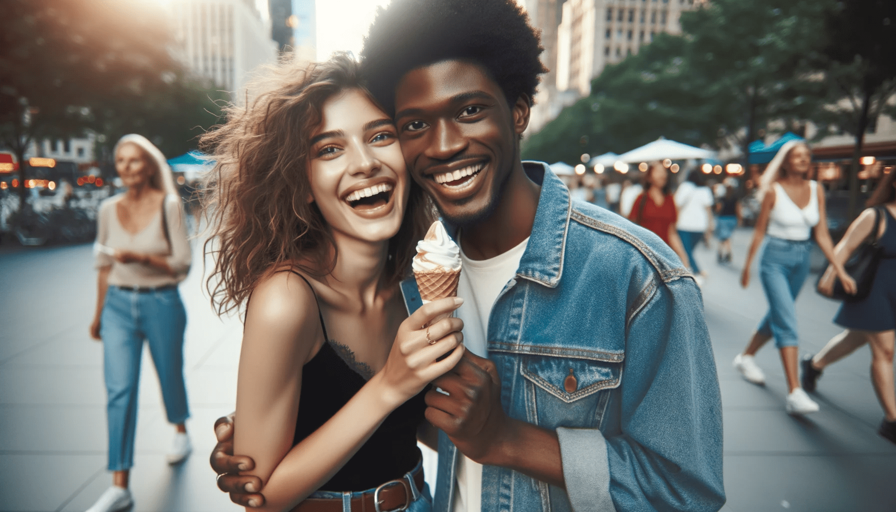 loving couple an African male with short curly hair and a Caucasian female with wavy brown hair laughing together as