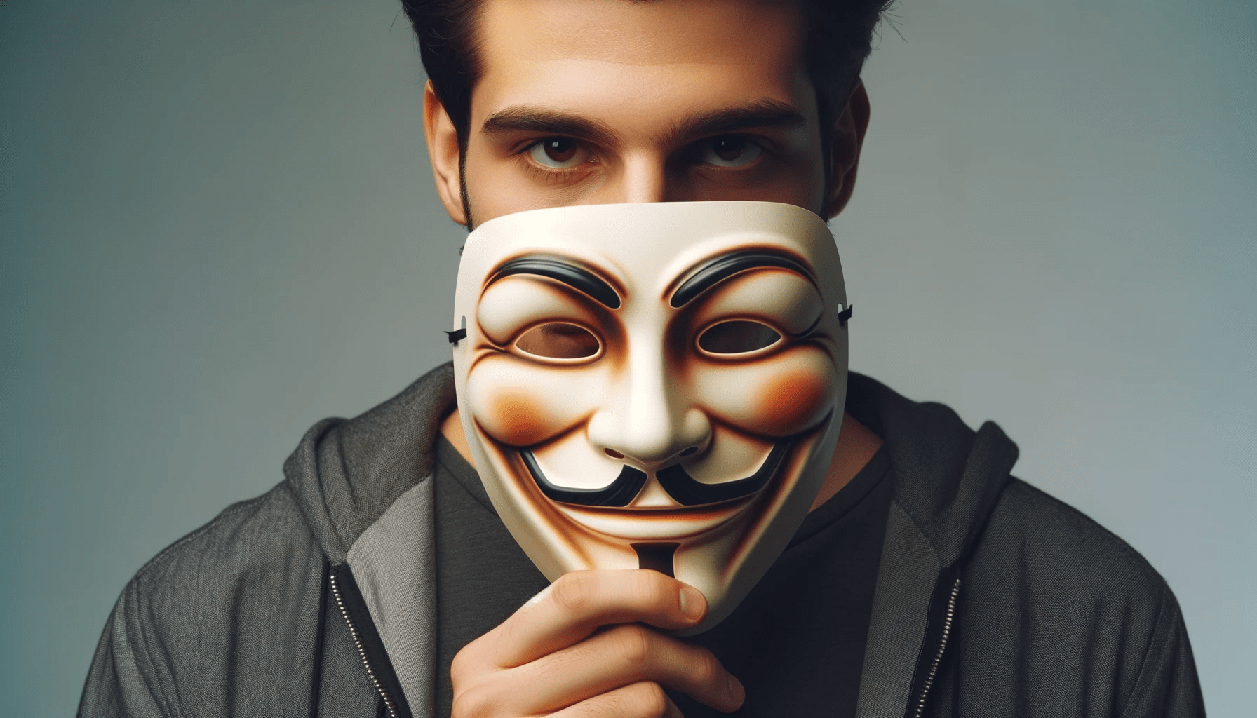 man holding a smiling mask in front of their face but their true expression behind the mask is sly and deceitful symbo 1