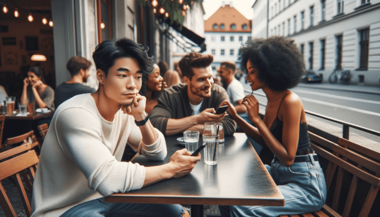 moment at a casual outdoor cafe where a young Asian man in his 20s with short black hair is sitting at a table fe