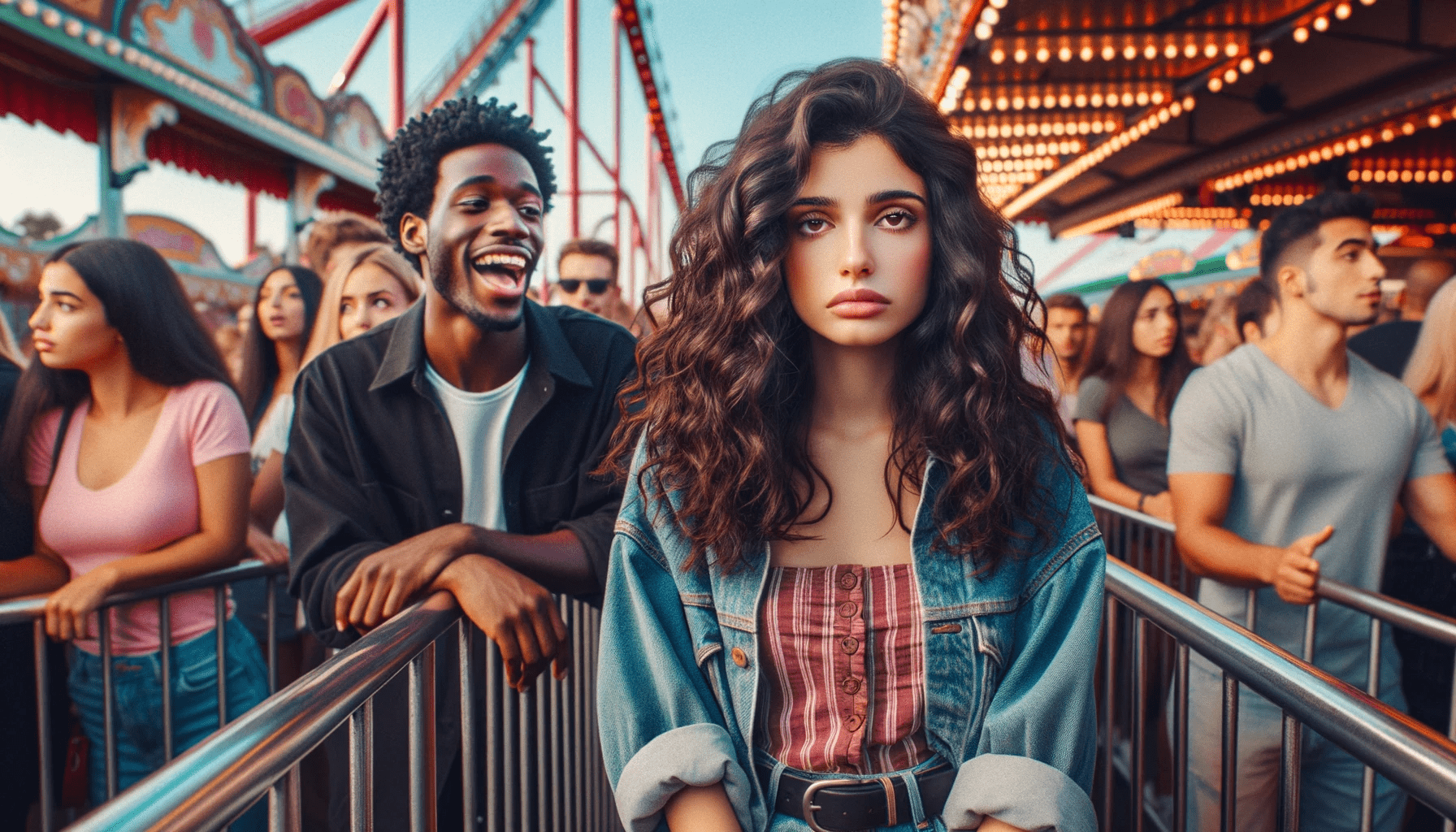 moment at an amusement park where a young Middle Eastern woman with long dark curly hair looks bored and disintere