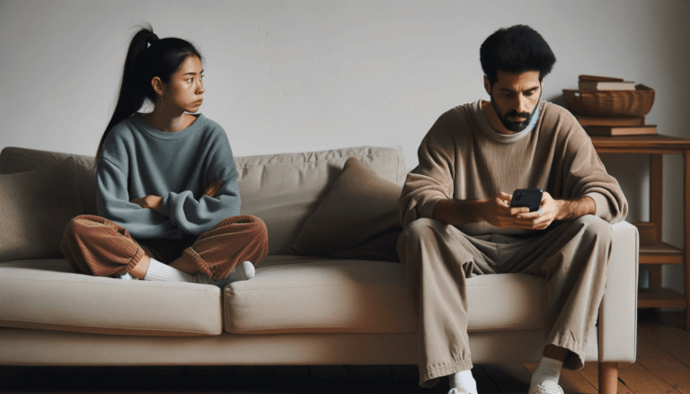 moment in a living room where an avoidant partner an East Asian female with a ponytail is sitting at one end o
