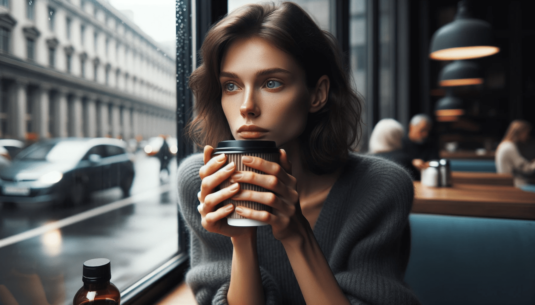 woman of European descent in an urban cafe her hands cupping a warm drink. She stares out of the window her eyes unfocused and deep in th 1