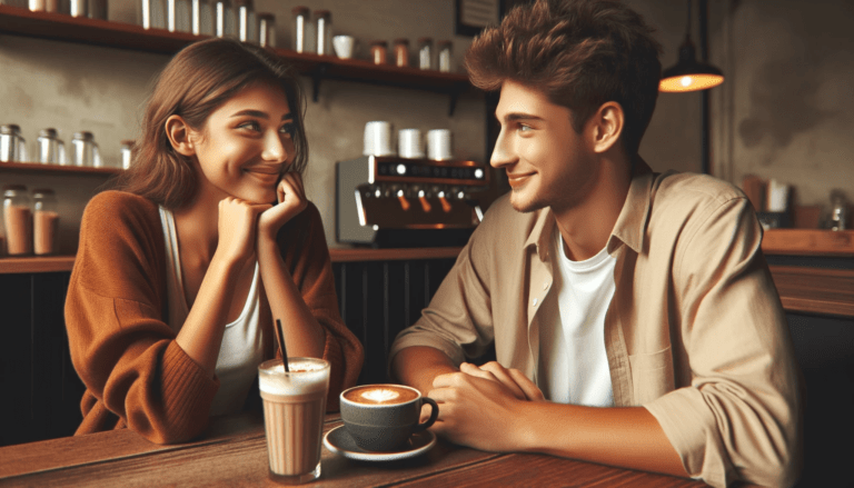 young couple sitting at a coffee shop exchanging shy smiles and glances capturing the essence of the early stages of dating