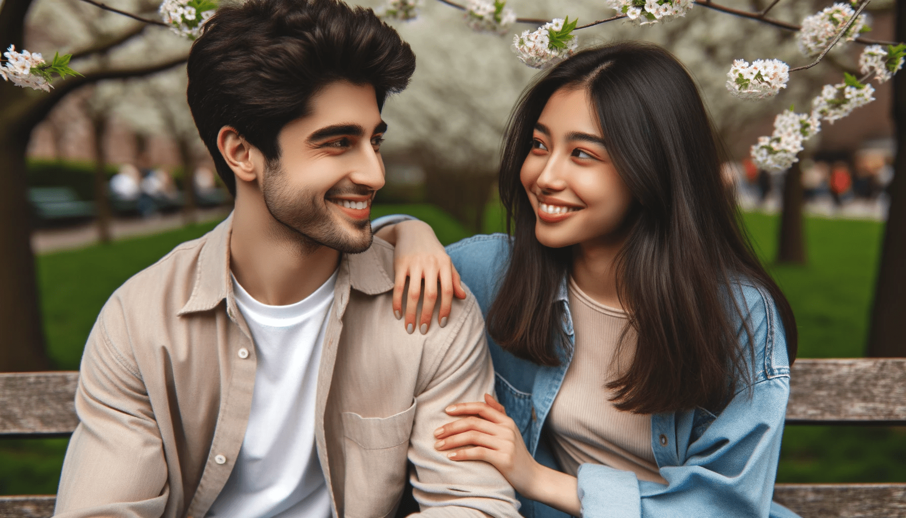 young couple who have recently started dating sitting closely together on a park bench. The man of Middle Eastern descent and t