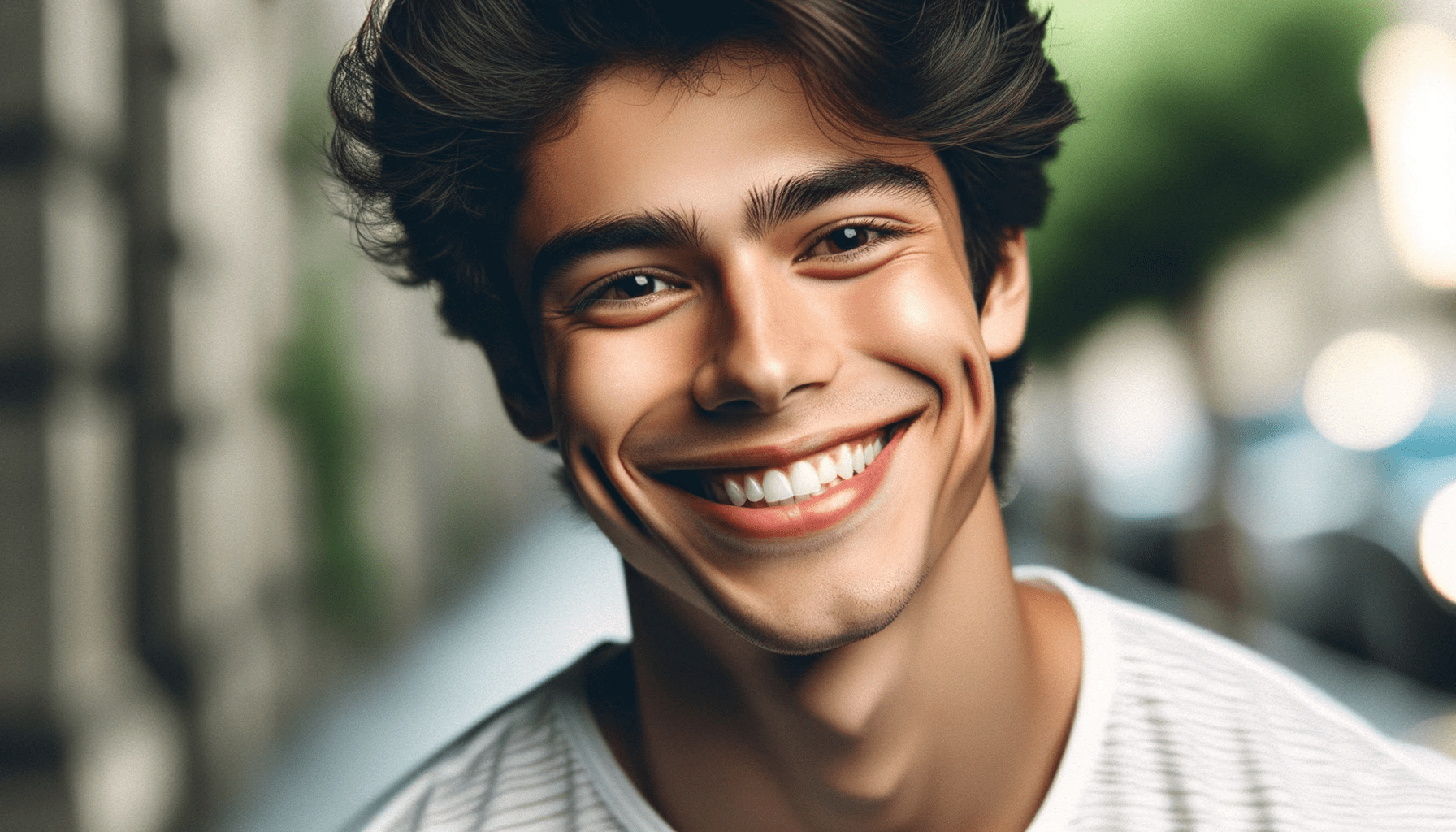 young man of South American descent with a radiant smile showcasing pronounced dimples on his cheeks. The background is blurred drawing a