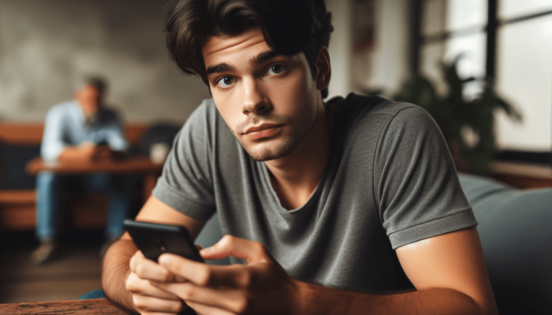 young man sitting in a casual setting perhaps a cafe or living room. Hes holding his phone and texting but his facial express