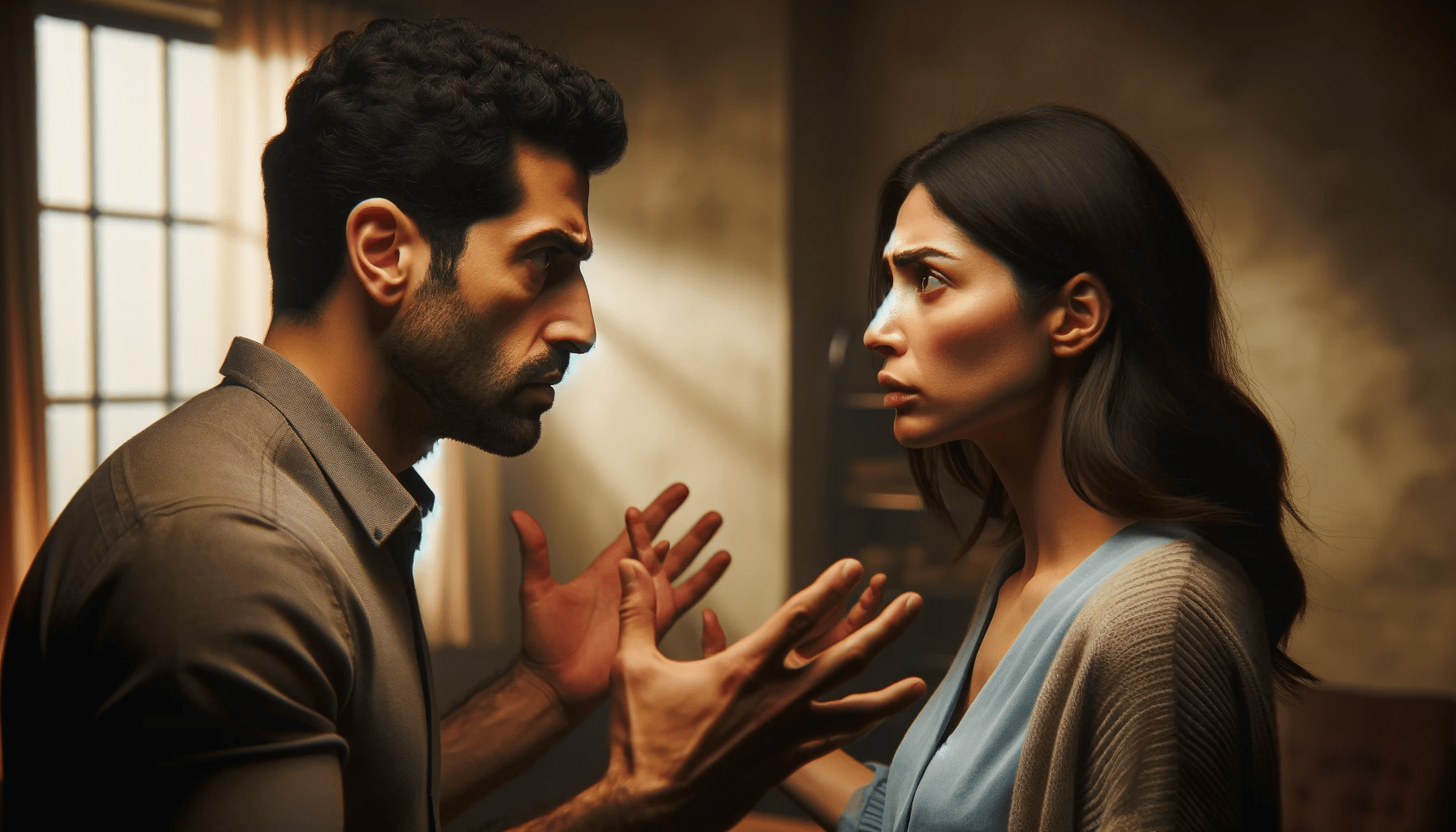 A Middle Eastern man and a Hispanic woman in the midst of a heated argument captured from head to waist. Their expressions are tense and their gestur
