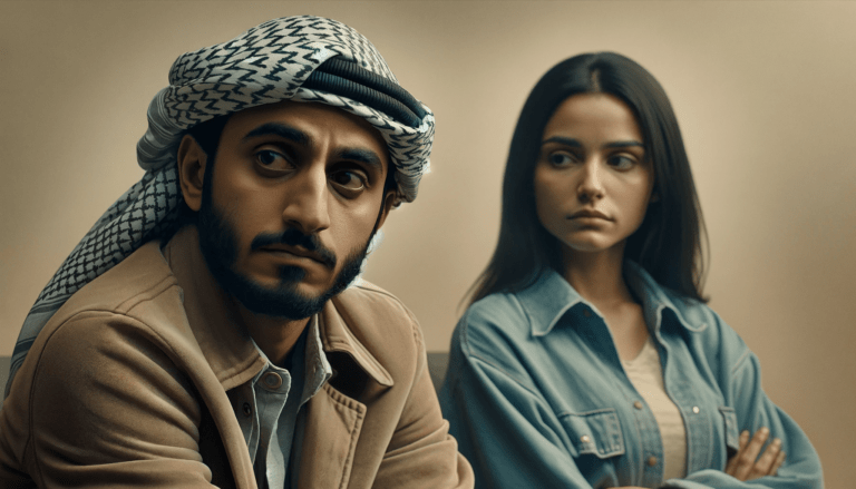 A Middle Eastern man and a South Asian woman are engaged in a conversation. The man has an expression o