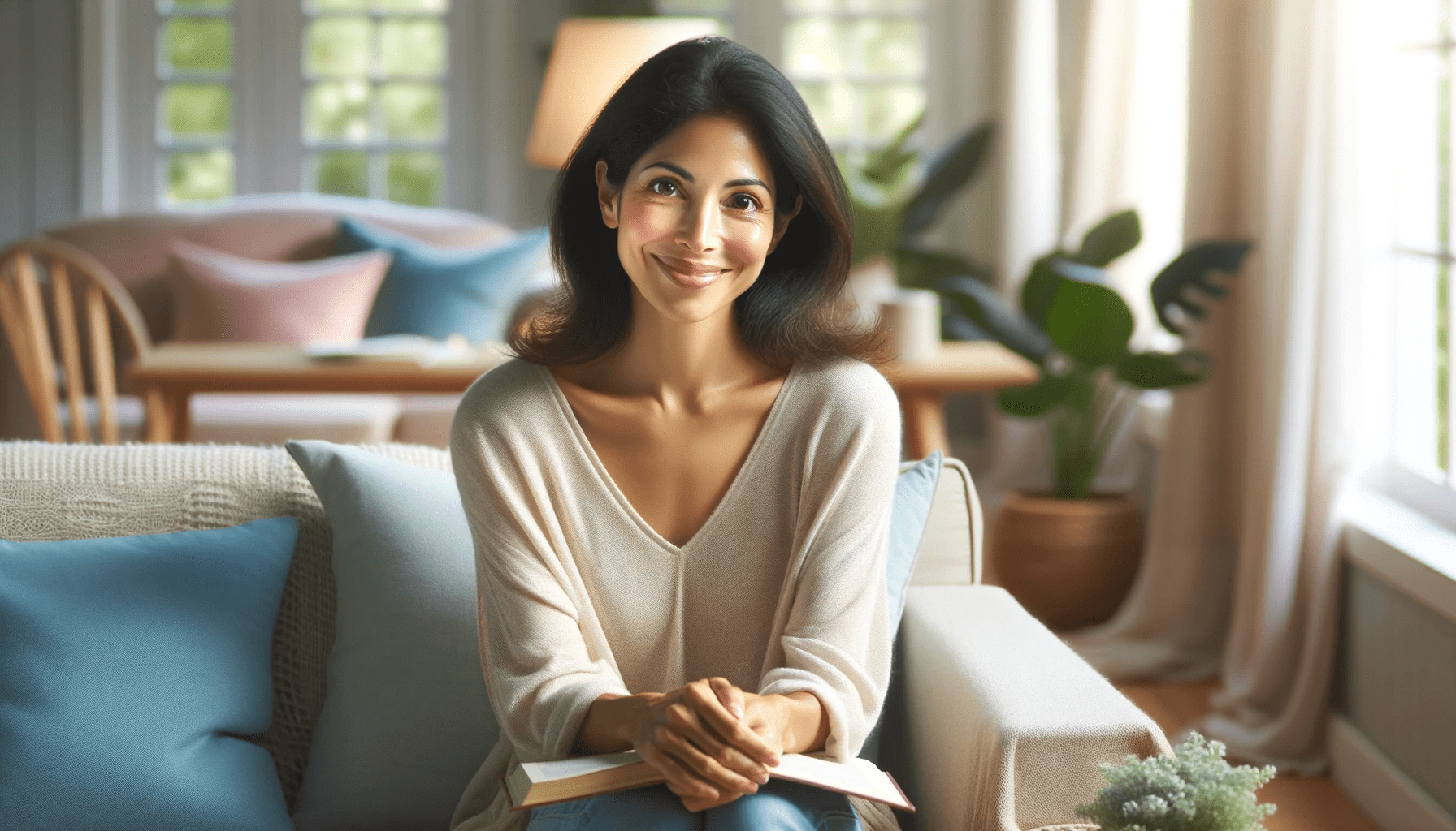 A bright and welcoming living room scene features a South Asian woman in her 30s with a compassionate and kind demeanor. She sits on a cozy armchair