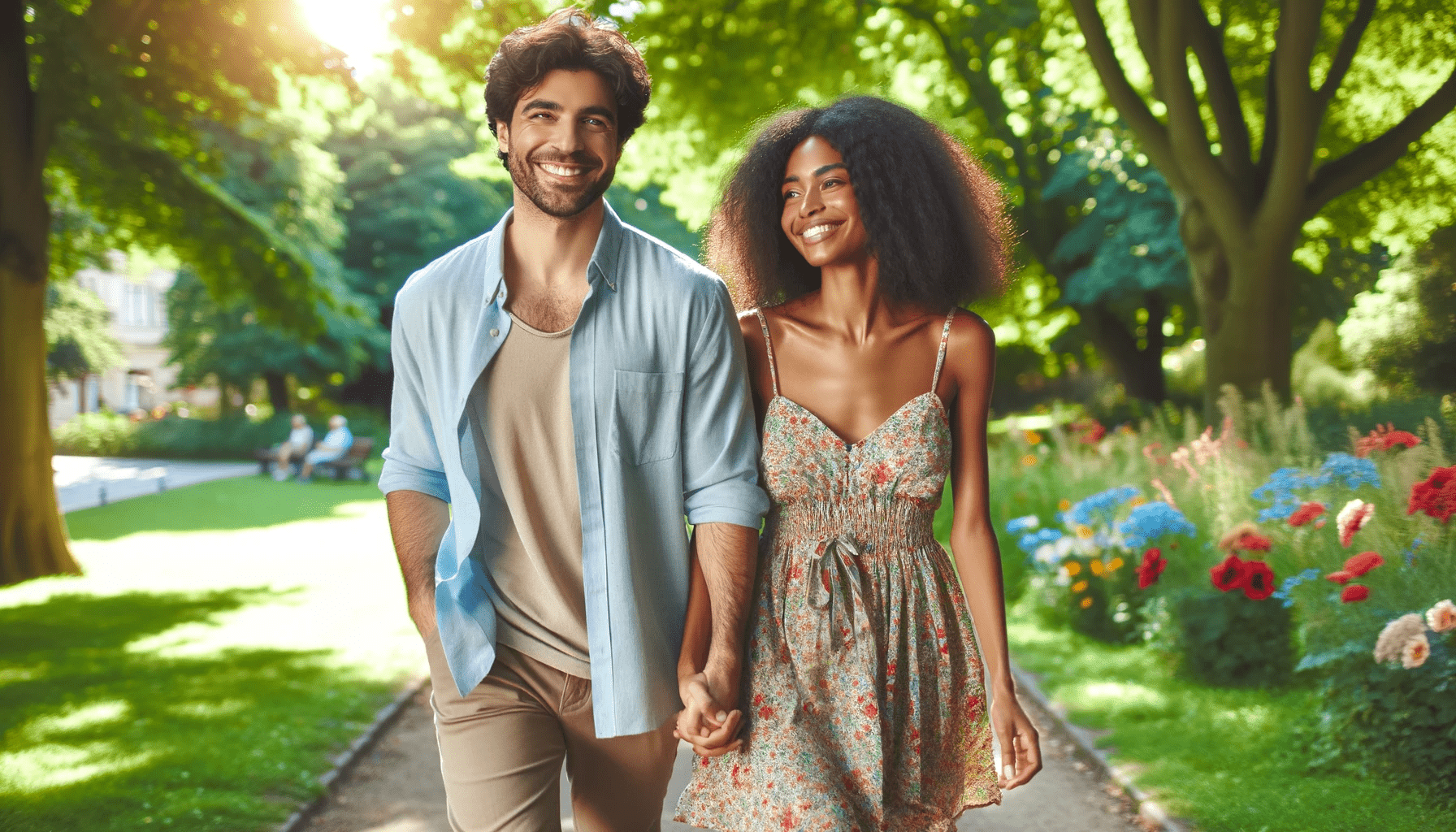 A cheerful couple in their 30s walking hand in hand through a beautiful park on a sunny day. The man of Middle Eastern descent is wearing a light bl