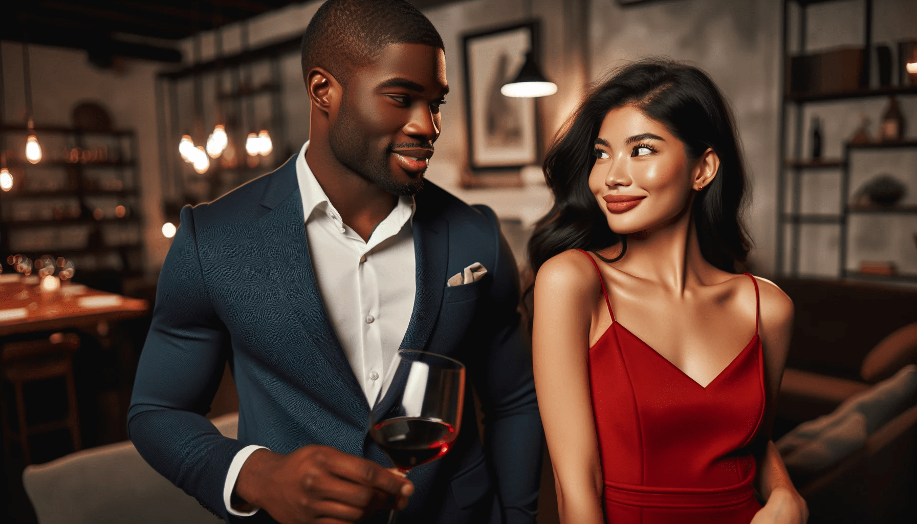 A confident Black man in his early 30s dressed in a sleek navy suit is trying to engage in a smooth conversation with a Hispanic woman in her late 2