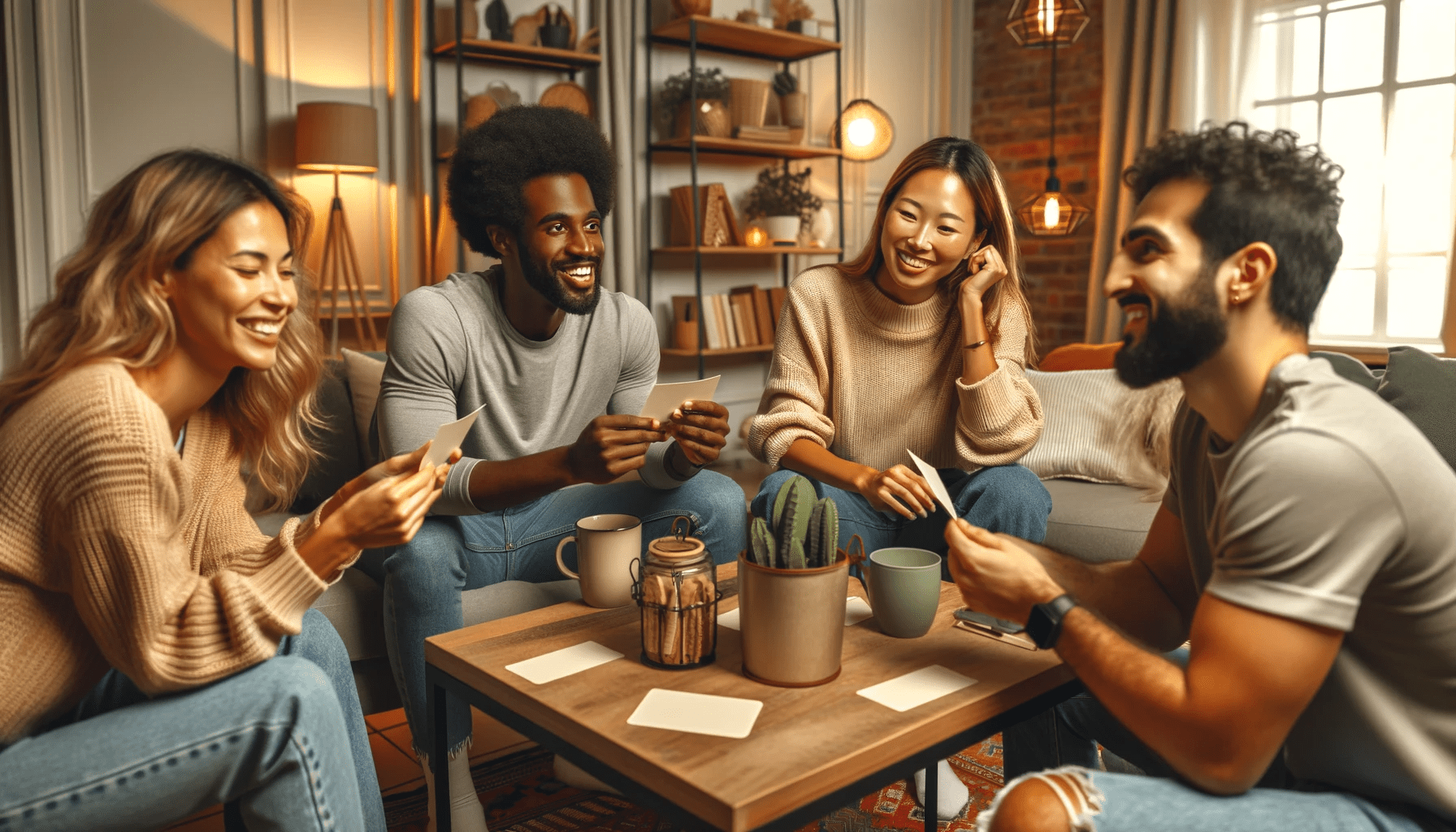 A diverse group of four friends sitting around a coffee table in a cozy living room. They are engaged in an interactive question game. A Caucasian wom