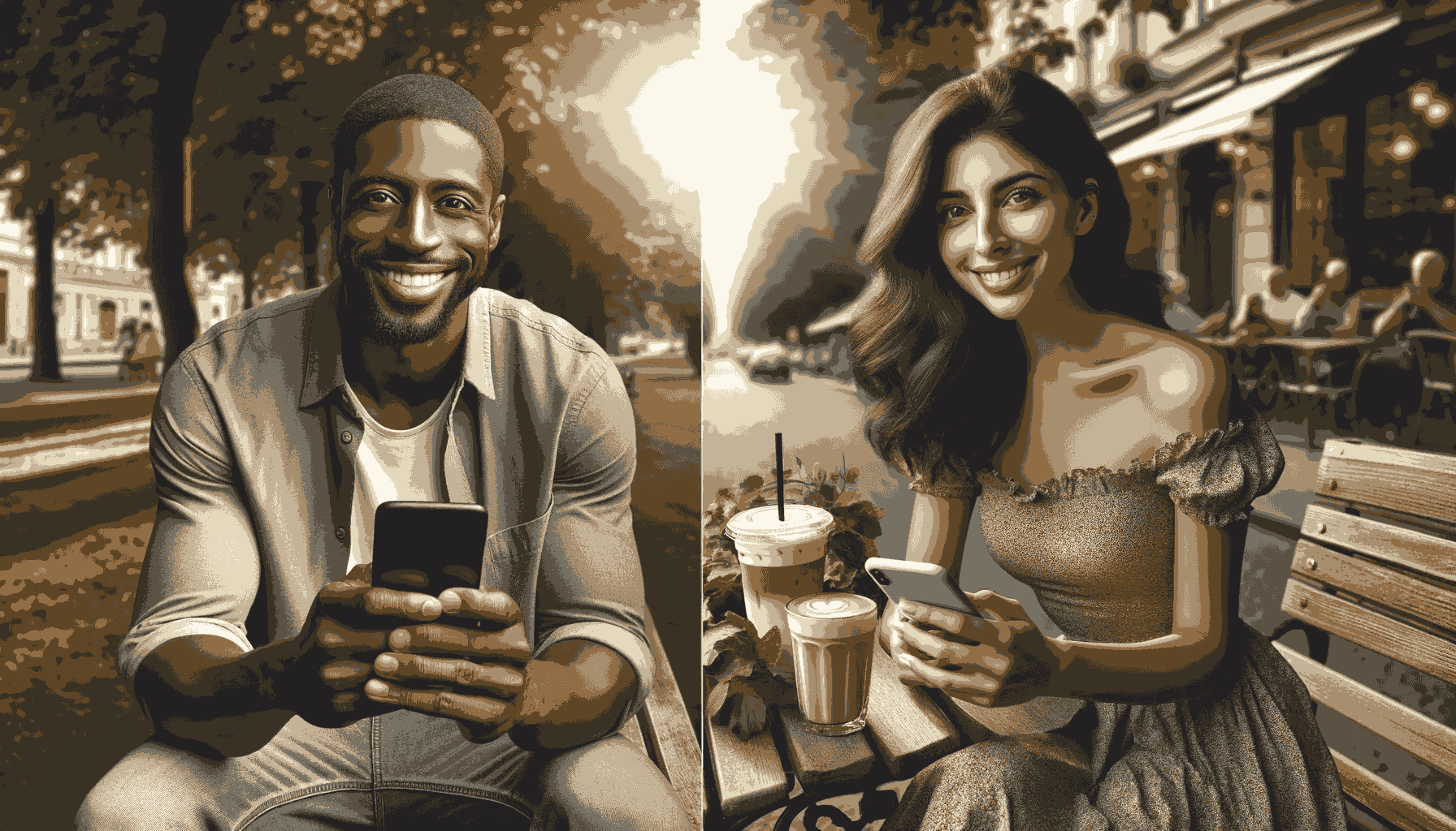 A man and a woman separate but visible in the same frame each with a smartphone in their hands. They are both