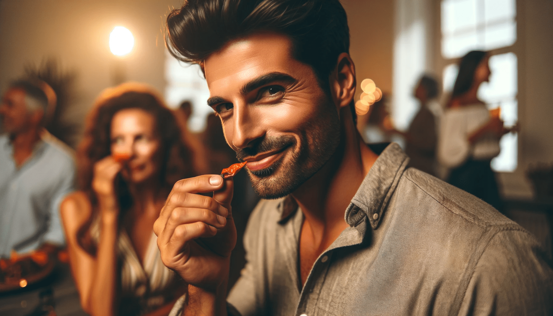 A man in his late 20s of Middle Eastern descent holding a piece of spicy food to his mouth with a flirty smile. He is at a reu