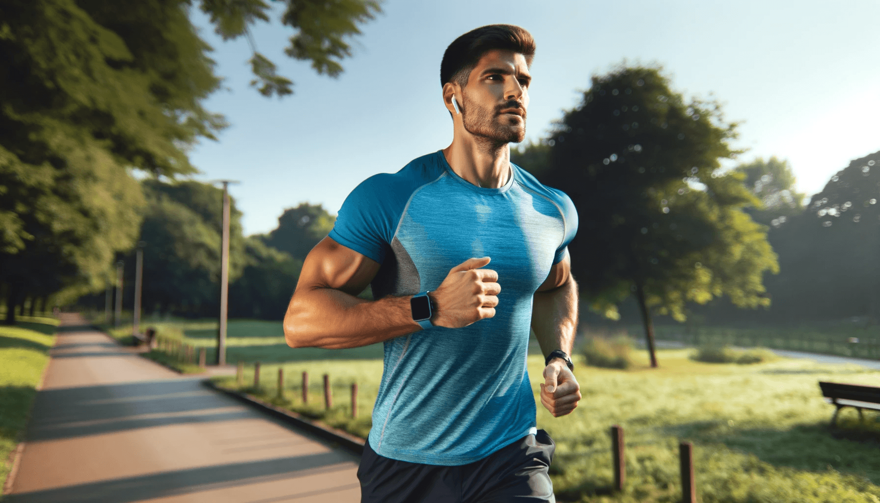 A well built man jogging in the park on a sunny morning. He is in mid stride with a focused expression wearing a bright blue t shirt and black shorts