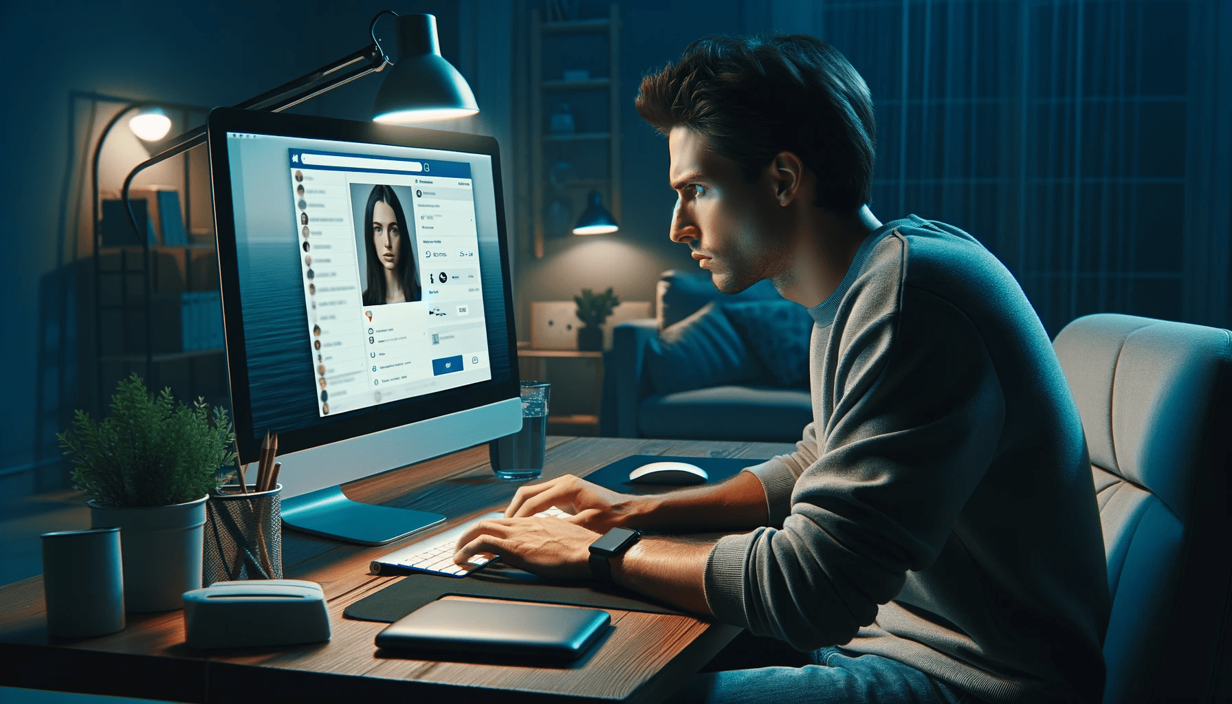 A young Caucasian man sits in front of a computer screen displaying a social media profile of a woman. The