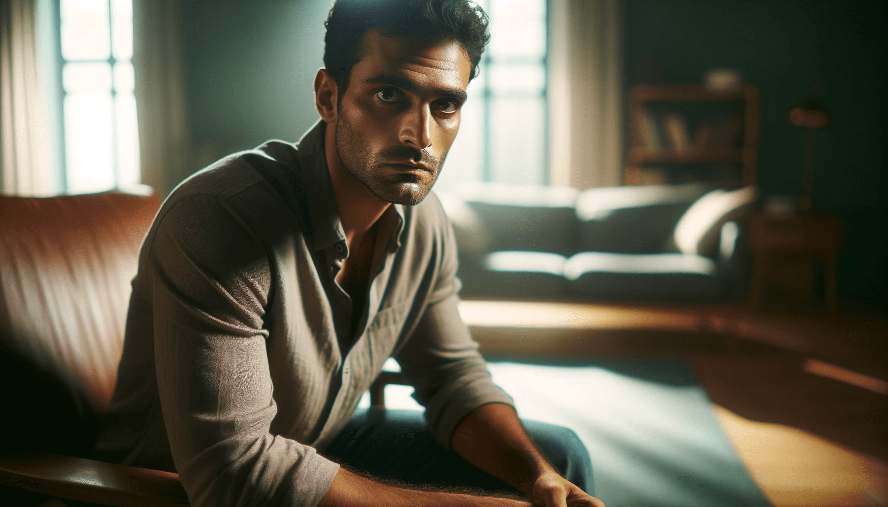 An indoor setting with soft lighting. A Middle Eastern male in his early 30s sits on a comfortable chair. Hes dressed in a casual shirt and his post