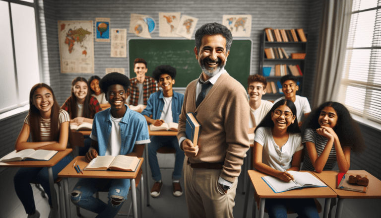 Classroom scene in horizontal format with a middle aged teacher of Middle Eastern descent standing at the front near the blackboard holding