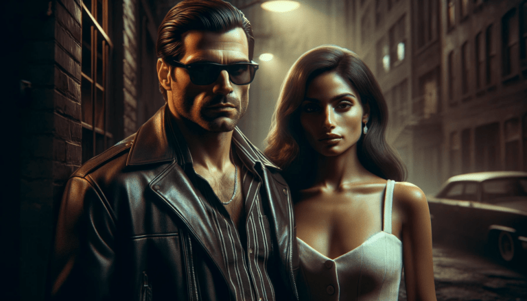 Image depicting a scene with a gangster and his girlfriend. The gangster is a Caucasian man in his 30s with a rugged ap