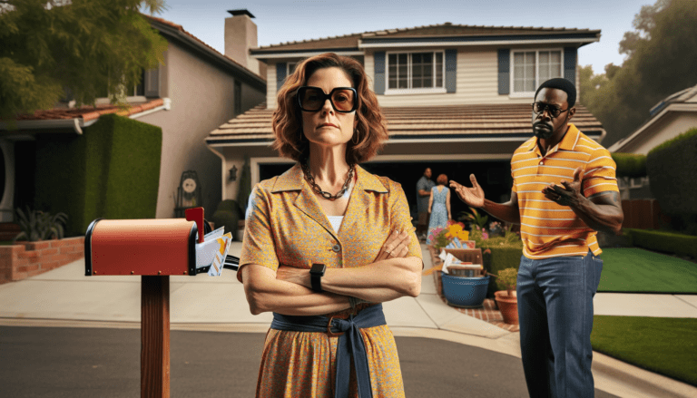 In a suburban neighborhood setting a Caucasian woman in her early 40s wearing a bright colored dress and large sunglasses stands assertively in fro