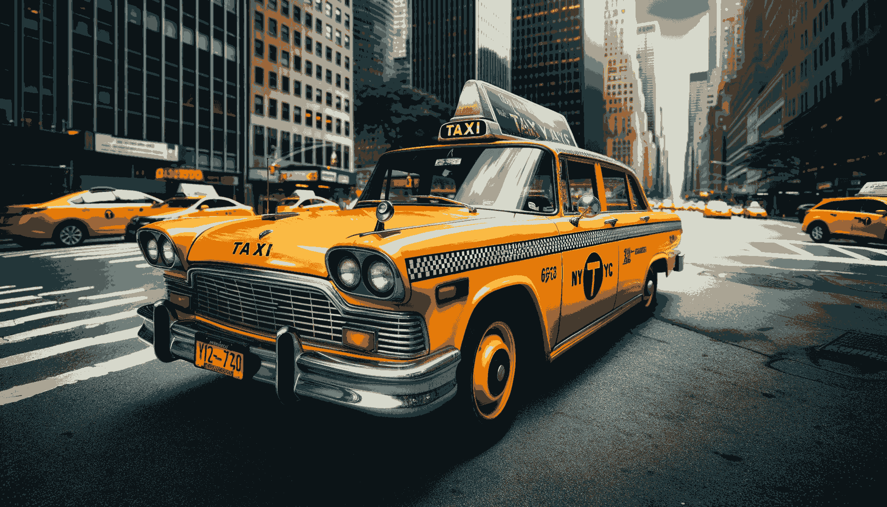New York City taxi cab in bright yellow with black trim and details captured in a wide horizontal format. The taxi is shown on a bustling c