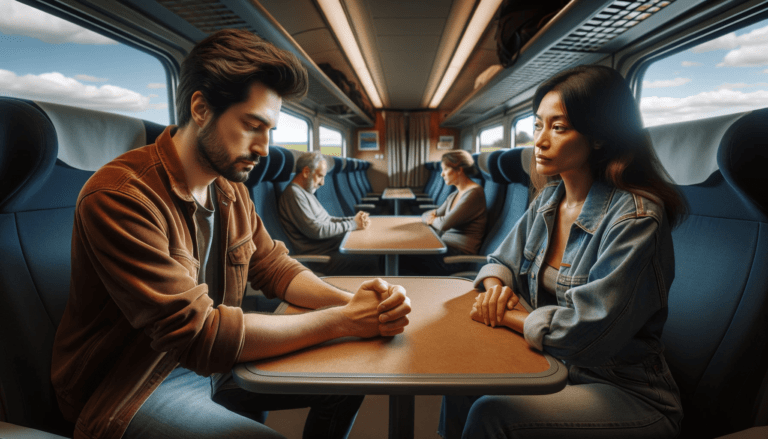 Panoramic ultra realistic horizontal scene of two best friends a Hispanic man and a South Asian woman both in their early 30s seated across each o