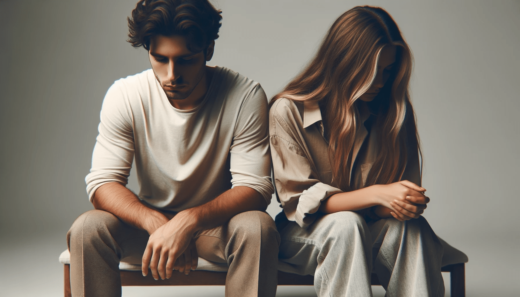 Photo of a couple sitting together but theres a noticeable distance between them. Their body language is closed off avoiding eye contact