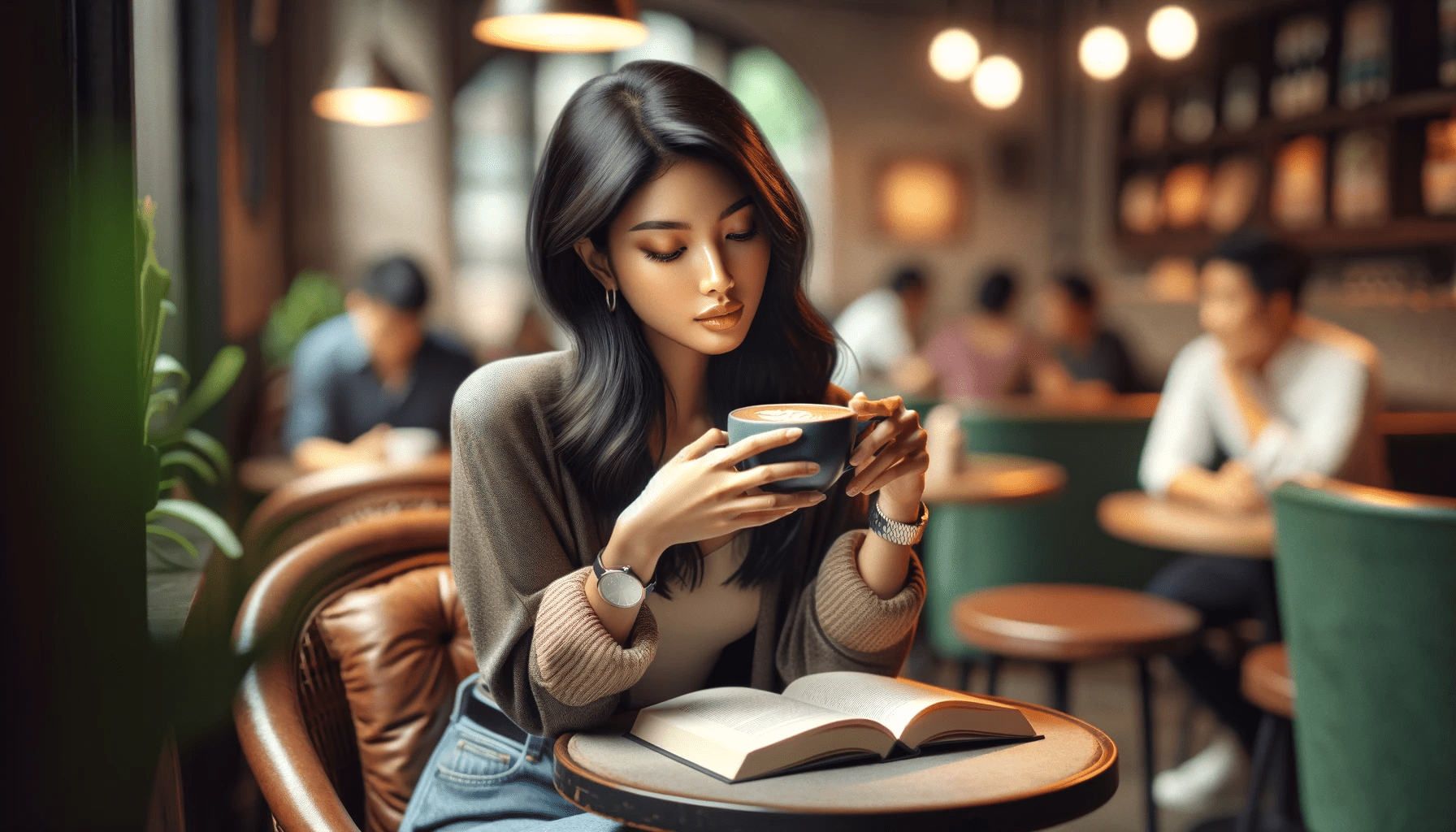 Woman sitting alone in a quaint cafe. She is in her early 30s casually dressed in a stylish y