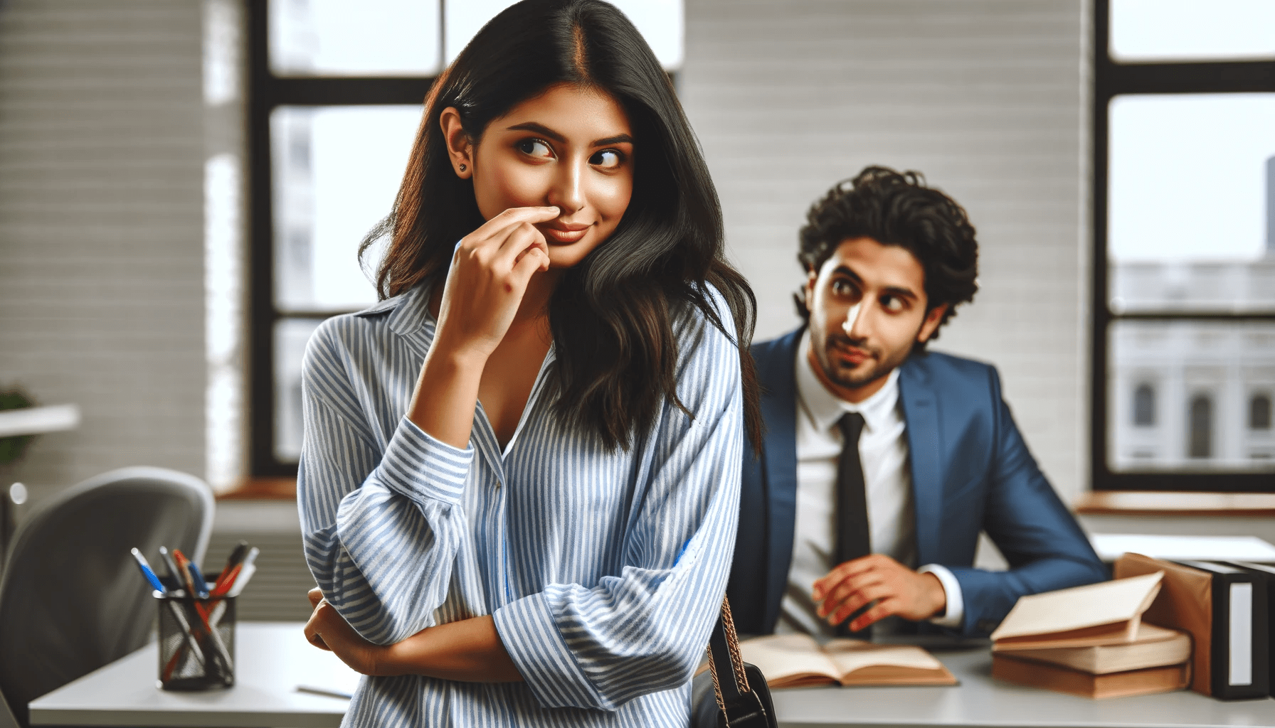 Woman subtly hinting to her male colleague that he smells