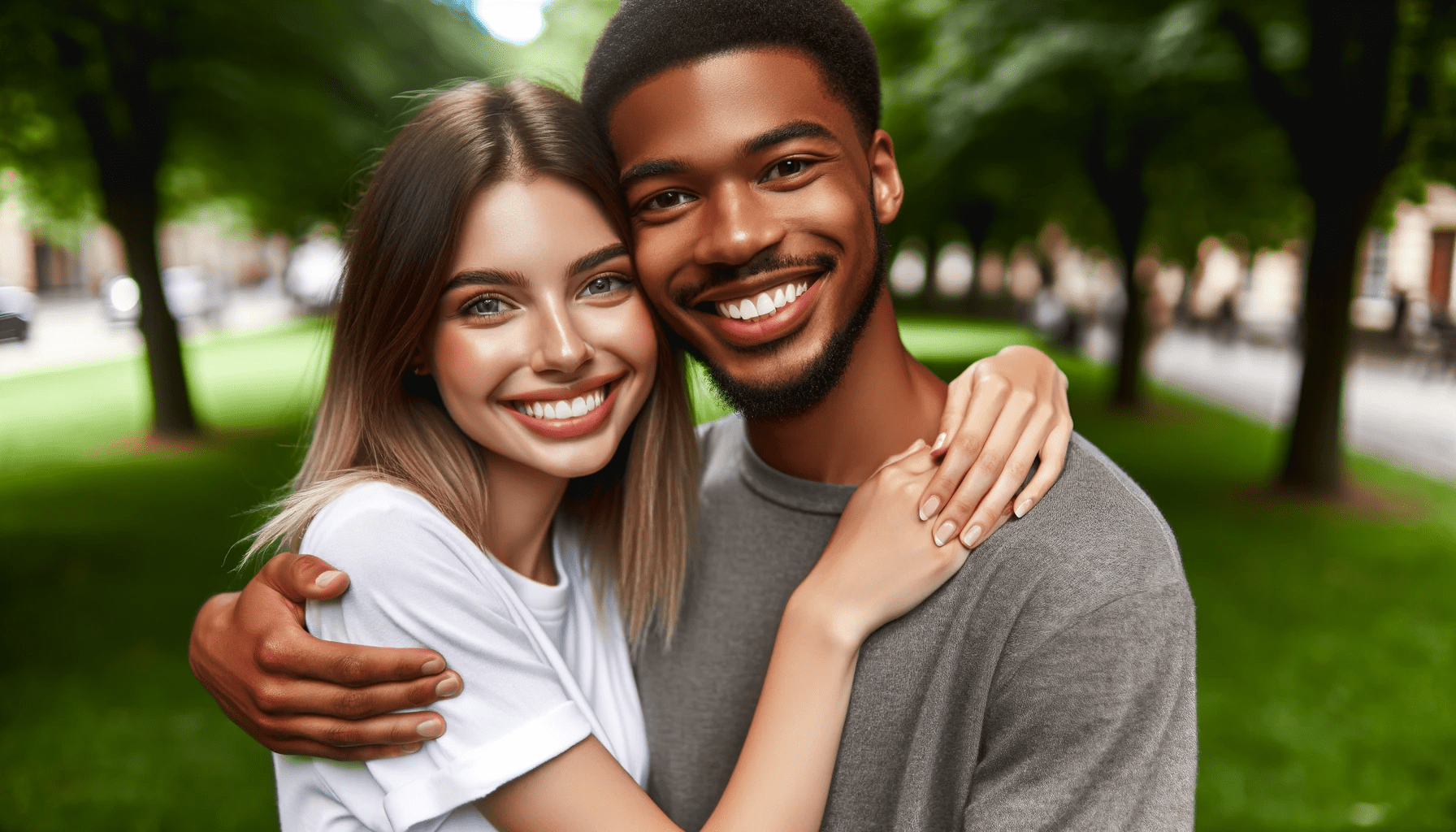 a Black man and a White woman both in their late 20s happily hugging each other in an outdoor park setting. Th